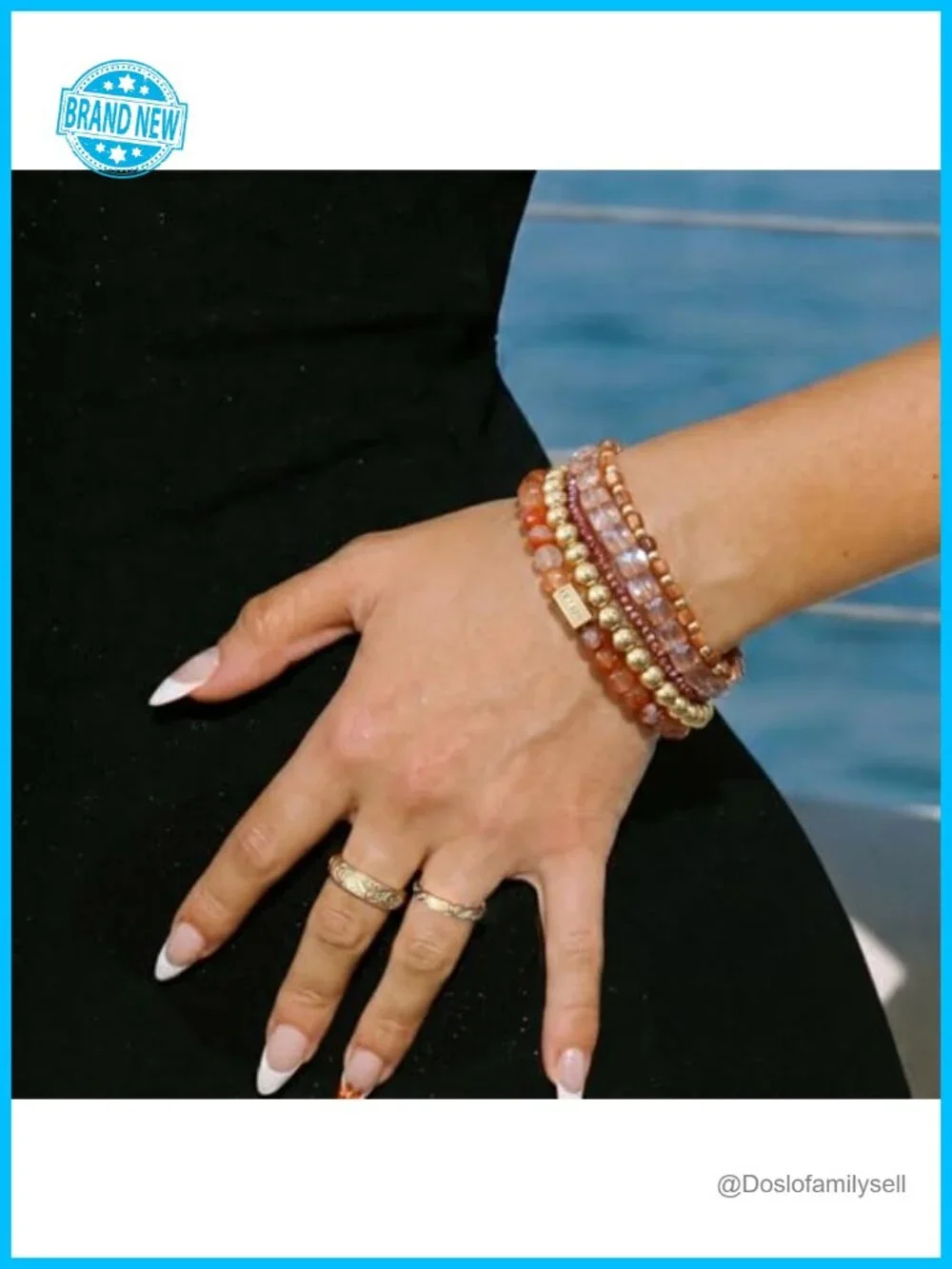 5-Piece Stackable Beaded Stretch Bracelet Set, 14K Gold Plated Natural Stone